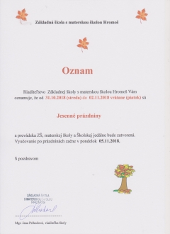 Oznám ZŠ s MŠ Hromoš ohľadom jesenných prázdninách – fotografia 1